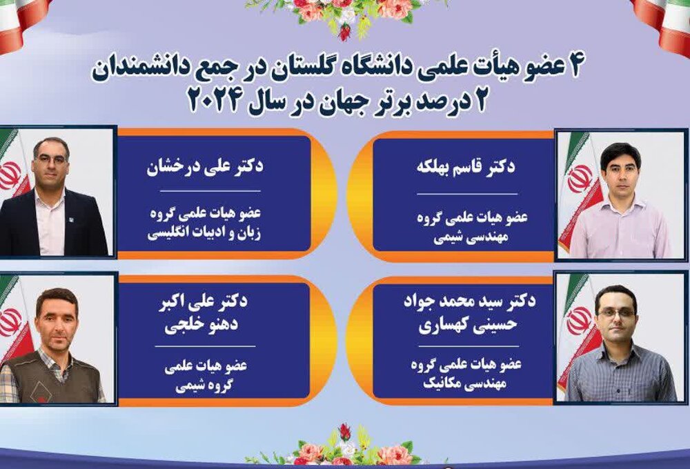 4 عضو هیات علمی دانشگاه گلستان در لیست دانشمندان 2 درصد برتر جهان قرار گرفتند